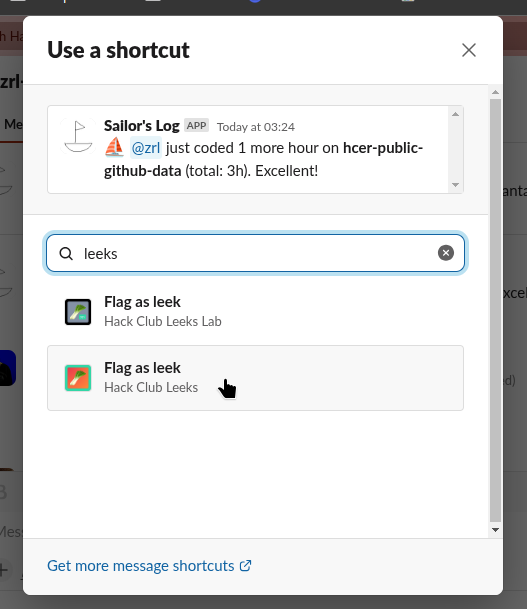 In the "Use a shortcut" popout, the cursor points toward "Flag as leek" shortcut from the production Slack app.